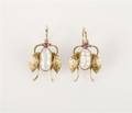 A Pair of Yellow Gold Baroque Cultured Pearl and Pink Tourmaline Earrings