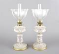 A Pair of French Painted Opaline Glass Oil Lamps