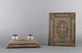 A Two Piece Boulle Desk Set retailed by Asprey