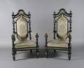 A Pair of Italian Renaissance Revival Ebonized and Inlaid Arm Chairs