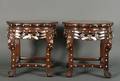 Two Chinese MotherofPearl Inlaid Marble Topped Rosewood Plant Stands
