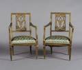 A Pair of Sheraton Style Giltwood Fretwork Back Armchairs