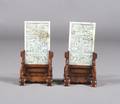 A Pair of Chinese Carved Jade Table Screens with Wood Stands