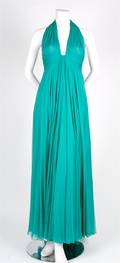 A Turquoise Silk Chiffon Evening Gown