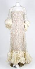 A Cream Sequin and Feather Evening Gown