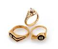 Three 14 Karat Yellow Gold and Diamond Rings