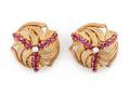 A Pair of 14 Karat Yellow Gold Ruby and Diamond Earclips