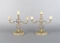 A Pair of Brass and Alabaster Three Light Candelabra