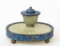 CARVED SERPENTINE JADE AND ENAMEL ON BRASS INK STAND
