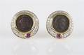 A Pair of Yellow Gold Diamond Ruby and Ancient Roman Coin Earrings