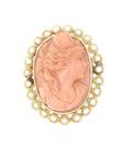 A 14 Karat Yellow Gold Seed Pearl and Coral Cameo Pin