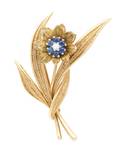 A 14 Karat Yellow Gold Blue Sapphire and Diamond Brooch