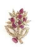 A 14 Karat Yellow Gold Ruby and Diamond Brooch