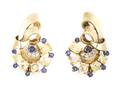 A Pair of 14 Karat Yellow Gold Diamond Blue Sapphire and Yellow Sapphire Earclips