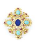 An 18 Karat Yellow Gold Turquoise Lapis Lazuli Ruby and Diamond Brooch