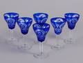 SET OF SIX BLUE OVERLAY CRYSTAL WINE GLASSES