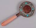 SILVERED METAL AND JADE HAND MIRROR