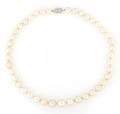 A Single Strand of Cultured Pearls with a Platinum and Diamond Clasp