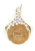 An 18 Karat Yellow Gold Diamond and 1970 South African One Ounce Gold Krugerrand Pendant