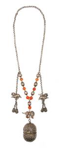 A Chinese Silver and Carnelian Bead Chime Necklace