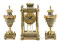 An Onyx and Champleve Clock Garniture Set