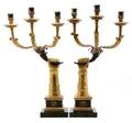 A Pair of Painted and Parcel Gilt ThreeLight Candelabra