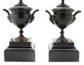 A Pair of Neoclassical Cast Metal Mounted Marble Urns
