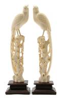 A Pair of Carved Ivory Birds on Branches