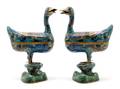 A Pair of Chinese Cloisonne Censers in the form of Ducks Standing on Rocks