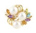 A 14 Karat Yellow Gold Cultured Pearl Amethyst Peridot Blue Topaz and Diamond Ring