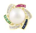 A 14 Karat Yellow Gold Diamond Ruby Emerald Sapphire and Mabe Pearl Ring
