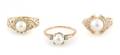 A Group of Three Yellow Gold Pearl and Diamond Rings