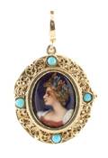 A 14 Karat Yellow Gold Painted Portrait Pendant
