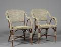 PAIR OF BAMBOO AND PLASTIC PATIO ARM CHAIRS