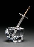 A Steuben Glass Sterling Silver and Gold Excalibur Paperweight and Letter Opener Set