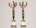 PAIR OF EGYPTIAN REVIVAL STYLE THREE LIGHT GILT BRONZE