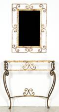 A Neoclassical Style Gilt Decorated Wrought Iron Table and Mirror