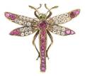 A Yellow Gold Ruby Diamond and Demantoid Garnet Dragonfly Pin