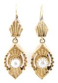 A Pair of 14 Karat Yellow Gold and Cultured Pearl Earrings