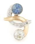 A 14 Karat Yellow Gold Platinum Diamond and Blue Sapphire Ring