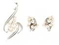 A Sterling Silver and Pearl Earclips and Pin Set Mikimoto