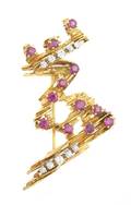 An 18 Karat Yellow Gold Platinum Ruby and Diamond Brooch