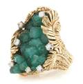 A 14 Karat Yellow Gold Diamond and Chatham Synthetic Emerald Crystal Cluster Ring