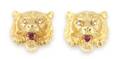 A Pair of Yellow Gold Diamond and Synthetic Ruby Lion Earclips