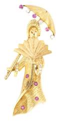 An 18 Karat Yellow Gold Ruby and Diamond Geisha Pin