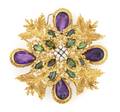 An 18 Karat Yellow Gold Diamond Amethyst and Green Tourmaline Brooch Italian
