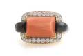 An 18 Karat Yellow Gold Diamond Orange Coral and Black Enamel Ring David Webb