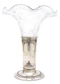 An American Sterling Silver and Engraved Glass Trumpet Vase Meridian Brittania Co