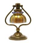 A Brass Students Lamp with Steuben Aurene Shade