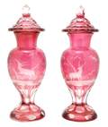 A Pair of Continental Engraved Glass Urns with Covers